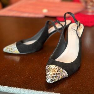 Vince Camuto Size 7 Black Suede Slingback pumps with snake toe
